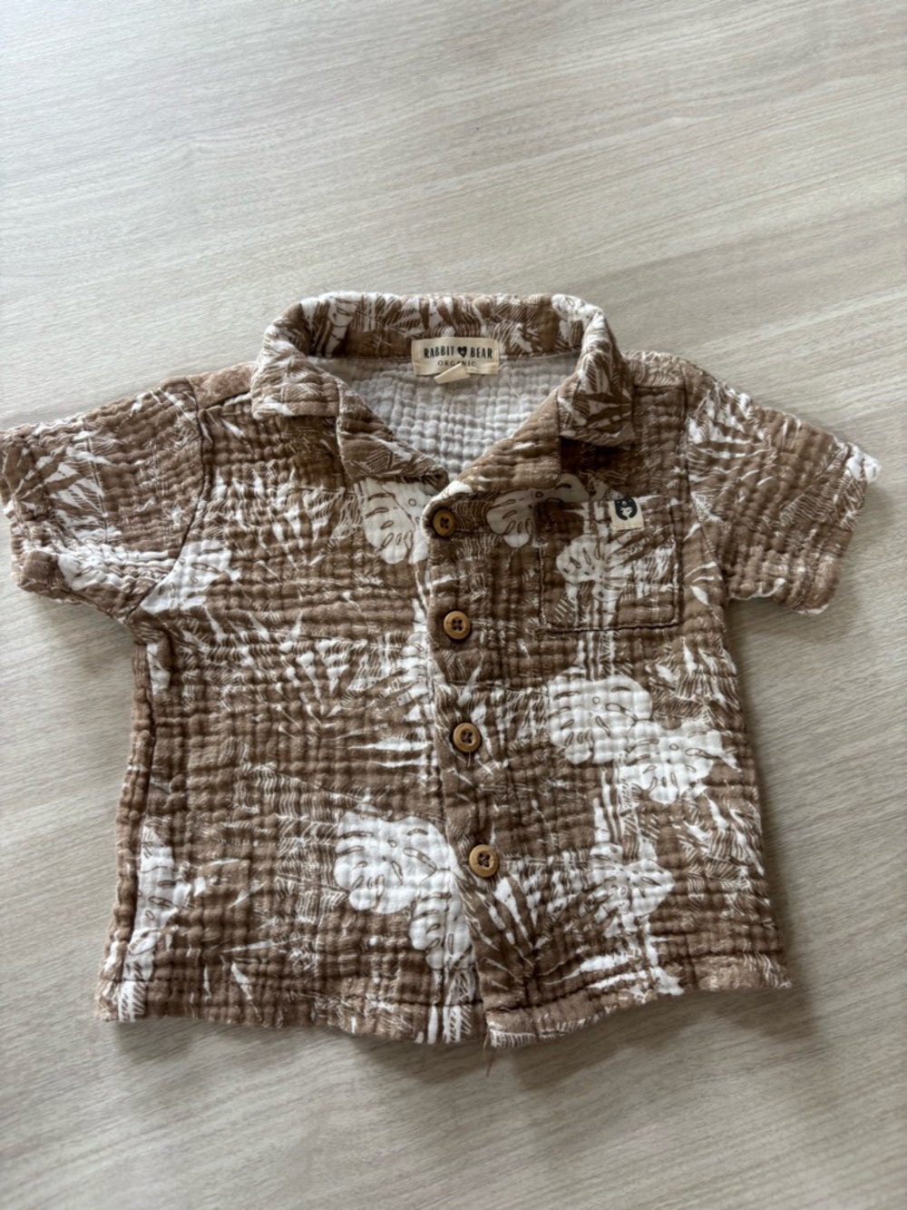 Rabbit & Bear Organic Cotton Gauze Brown Hawaiian Button Down Camp Shirt 12M